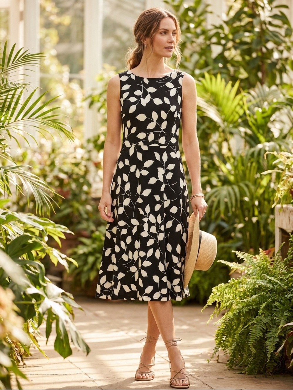 Talbots Black and White Leaf-Print Sleeveless A-Line Dress